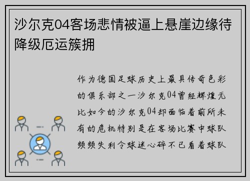 沙尔克04客场悲情被逼上悬崖边缘待降级厄运簇拥