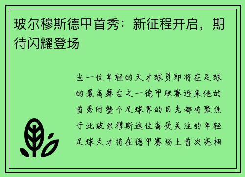 玻尔穆斯德甲首秀：新征程开启，期待闪耀登场