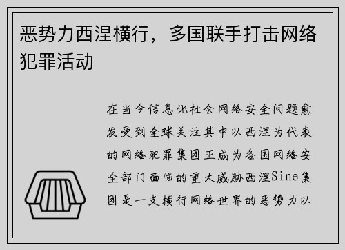 恶势力西涅横行，多国联手打击网络犯罪活动