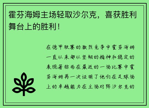 霍芬海姆主场轻取沙尔克，喜获胜利舞台上的胜利！