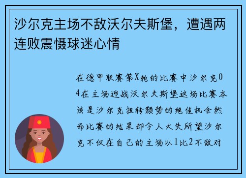 沙尔克主场不敌沃尔夫斯堡，遭遇两连败震慑球迷心情