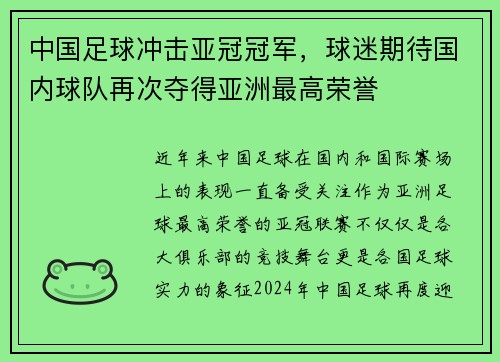 中国足球冲击亚冠冠军，球迷期待国内球队再次夺得亚洲最高荣誉